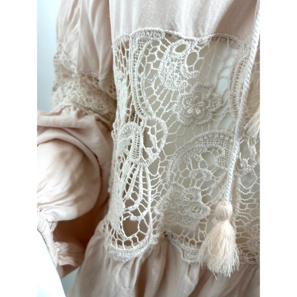 Free People. Blouse S/P Pink, Lace Tassels Balloon Long Sleeve Loose Fit Classic - Picture 13 of 16